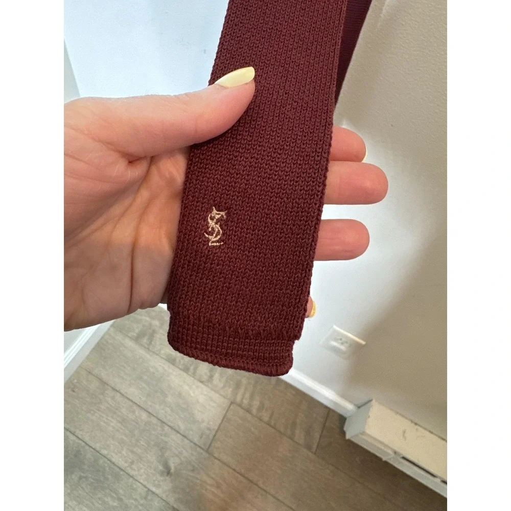 Vintage Yves Saint Laurent Tie Mens One Size Red‎ Knit Cotton Skinny Logo USA